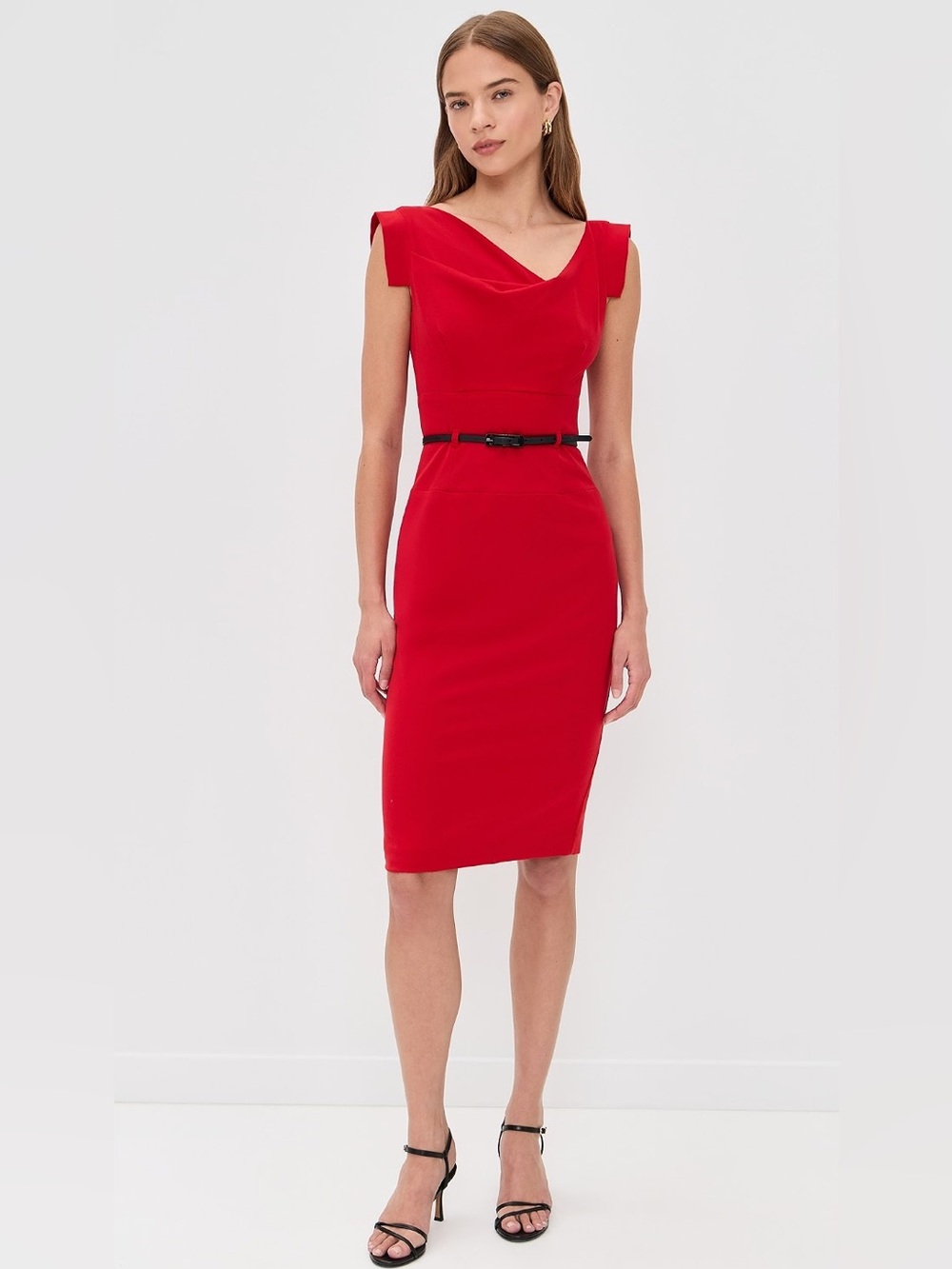 Black Halo Jackie O Red Cowl-Neck Sheath Dress with Slim Black Belt ❤️❤️
